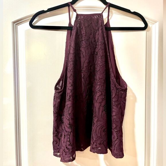 ANTHROPOLOGIE PAPER CRANE Lace Halter Top Maroon Burgundy Women’s Size Medium - Picture 2 of 5